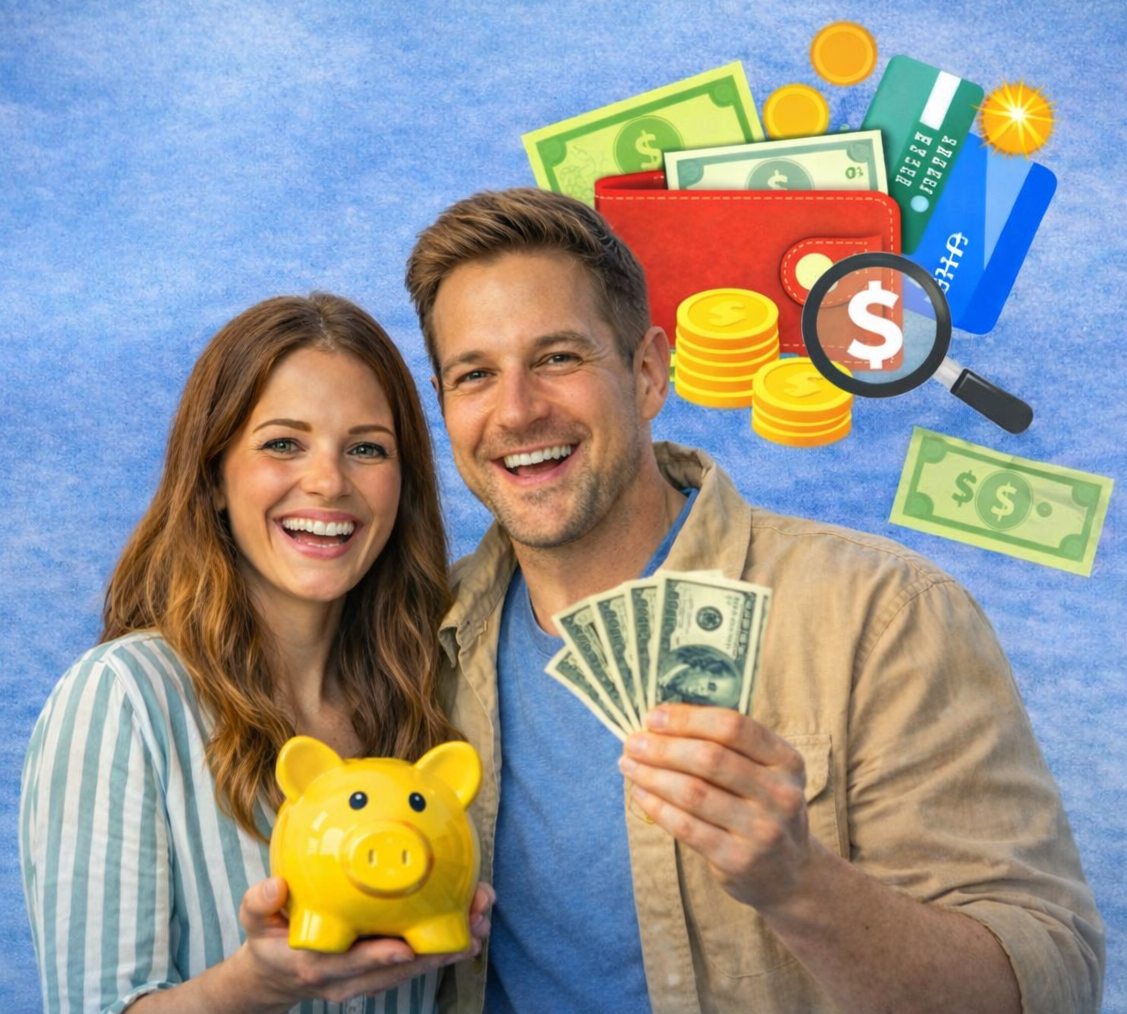 Happy couple saving money